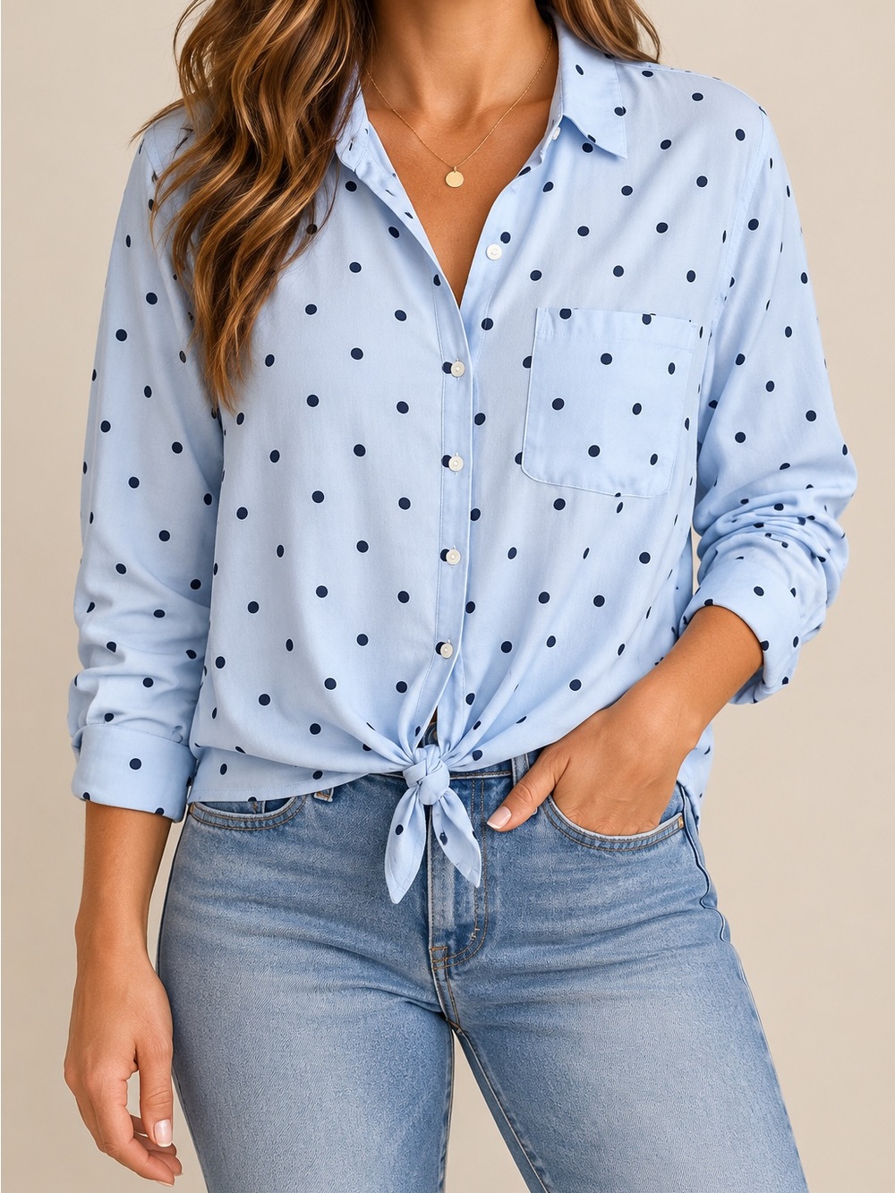 Old Navy Blue Polka Dot Tie Front Button Down Blouse Top Large